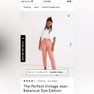 NWT: Madewell Perfect Vintage Jean: Botanical Dye Edition